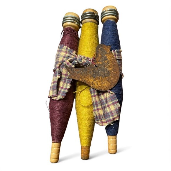 Vtg Wooden Textile Spools Set of 3 Primitive Country Décor Wrapped Rustic Bird - Picture 5 of 5